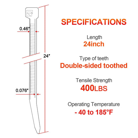 Diagram showing specifications of Heavy Duty 24 Inch Zip Ties With 400 Lb Tensile Strength, Double Sided Toothed Nylon Cable Ties.