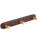 Tough Brass Wall Hooks Slick Multi Rack For Bathroom And Kitchen Heavy Duty Coat Hangers with wooden base and gold hooks.