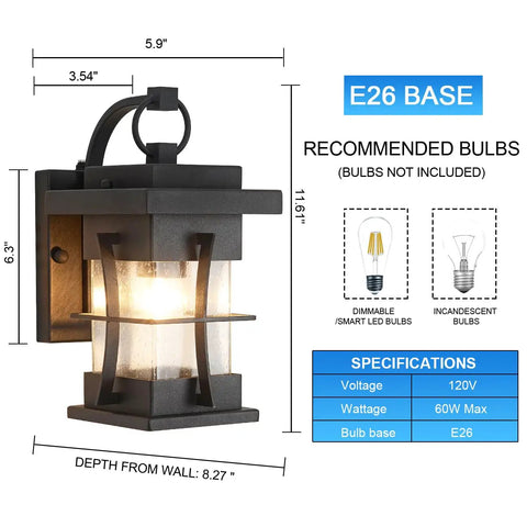 Specifications of Ultra Durable Dusk To Dawn Outdoor Wall Light In Black Finish With Seeded Glass Shade IP65 Waterproof