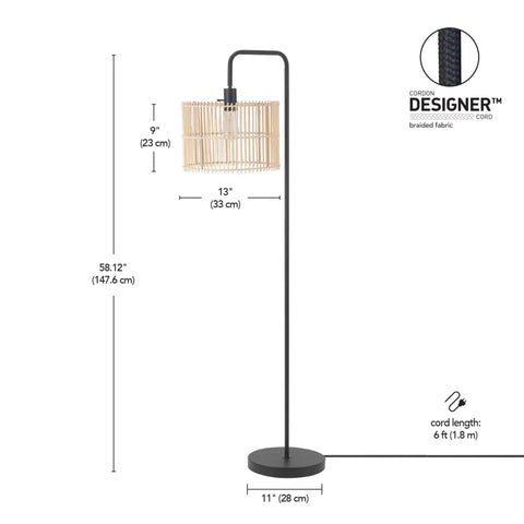 58 Inch Matte Black Floor Lamp With Bamboo Shade That Peeks Through, Easy On Off Rotary Socket Switch, Cozy Cottagecore Vibe