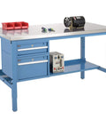 Built Like A Tank Heavy Duty Stainless Steel Workbench With Adjustable Legs Two Storage Drawers Industrial Strength Support Frame 5000 Lb Capacity 72 By 30 Inches Blue with tools and drawers.
