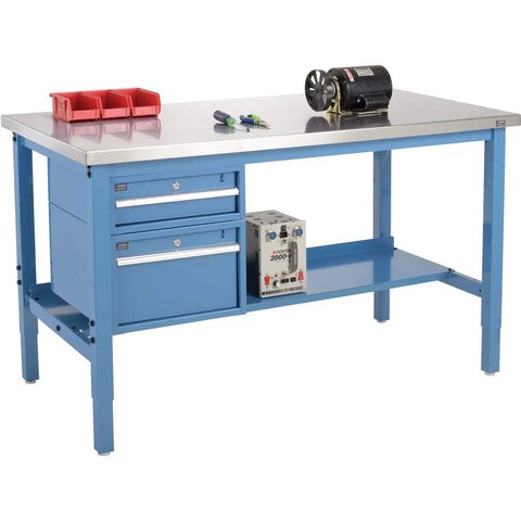 Built Like A Tank Heavy Duty Stainless Steel Workbench With Adjustable Legs Two Storage Drawers Industrial Strength Support Frame 5000 Lb Capacity 72 By 30 Inches Blue with tools and drawers.