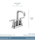 Gibson Two Handle Centerset High Arc Modern Bathroom Faucet With Drain Assembly Matte Black Finish, front view with dimensions.