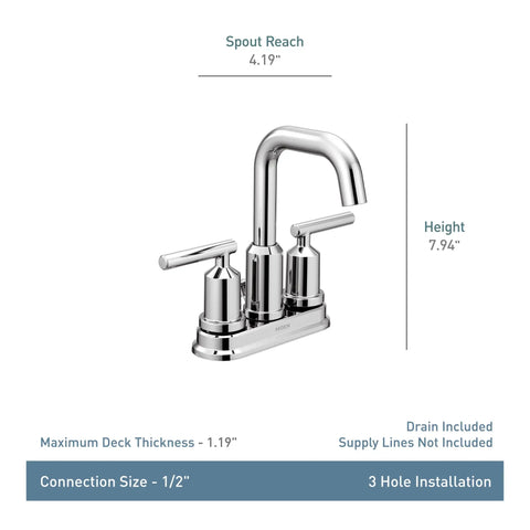 Gibson Two Handle Centerset High Arc Modern Bathroom Faucet With Drain Assembly Matte Black Finish, front view with dimensions.