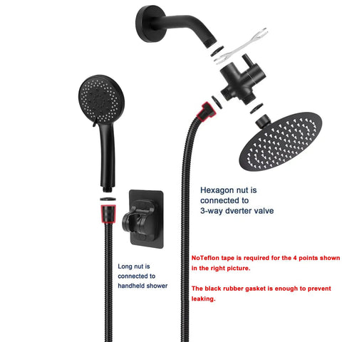 High Pressure 8 Inch Round Rain Shower With 5 Settings Handheld Filter Combo Matte Black Self Adhesive Holder And 1.5M Hose