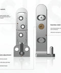 Rock Solid Stainless Steel Concealed Door Hinges Featuring 3D Adjustable Pivot Design With Heavy Duty Construction For Super Smooth Swing zero hassle mounting and clean modern profile in silver, showing smooth switch and door frame adjustment.