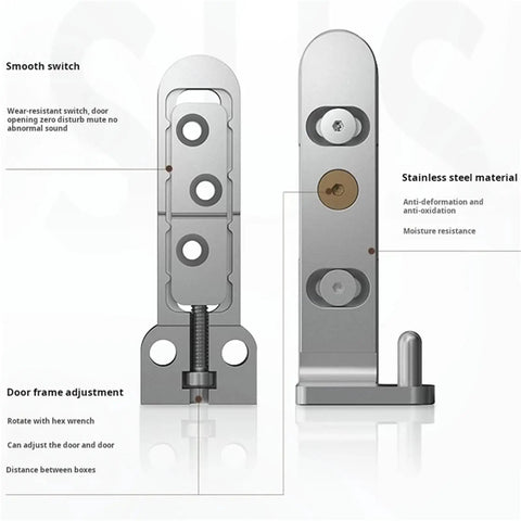 Rock Solid Stainless Steel Concealed Door Hinges Featuring 3D Adjustable Pivot Design With Heavy Duty Construction For Super Smooth Swing zero hassle mounting and clean modern profile in silver, showing smooth switch and door frame adjustment.
