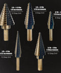 Step Drill Bit Set 5 Piece With 50 Sizes For Metal Aluminum Wood And Plastic HSS Titanium Coated Tri Flat Shank Center Punch Includes Aluminum Case Pro Edge Technology displayed with various sizes and increments.