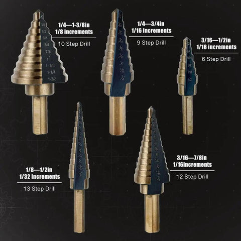Step Drill Bit Set 5 Piece With 50 Sizes For Metal Aluminum Wood And Plastic HSS Titanium Coated Tri Flat Shank Center Punch Includes Aluminum Case Pro Edge Technology displayed with various sizes and increments.