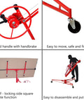 Heavy Duty Steel Drywall Lifter With Adjustable Height And Smooth Ride Casters For No Sweat Solo Ceiling Mounting And Plasterboard Hoisting On Any Busy Job Site Or Home Reno Garage Setup, showing handle, casters, and plate functions.