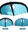 Front and back view of Dope Handheld Inflatable Foil Wing Kite for kitesurfing, ultra-light blue canopy, black frame