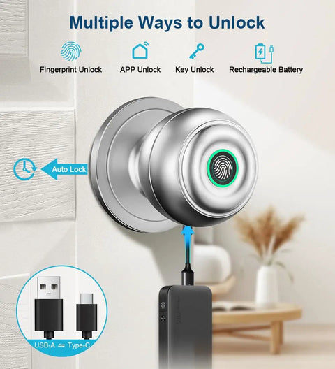 Fingerprint Door Lock With Biometric Thumbprint, App Control, And Key Access - Hands-Free Smart Door Knob in Silver Finish