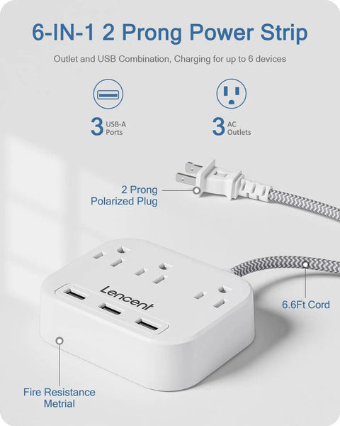 6-IN-1 2 Prong To 3 Prong Outlet Adapter With A 6.6 Ft Braided Extension Cord, Polarized Plug, Three AC Outlets And Three USB Ports