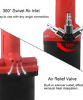 Heavy-Duty Pneumatic Rivet Gun S70 With Air-Powered Hydraulic Force and Three Nosepieces for 4 5 and 6 4 Millimeter Rivets shows 360° swivel air inlet.