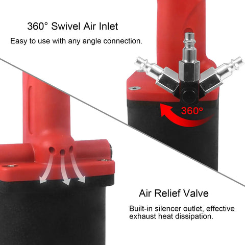 Heavy-Duty Pneumatic Rivet Gun S70 With Air-Powered Hydraulic Force and Three Nosepieces for 4 5 and 6 4 Millimeter Rivets shows 360° swivel air inlet.