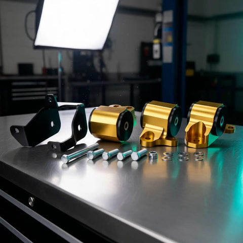 Tough As Nails Aluminum Alloy Engine Mount Bracket With Precision Cut Bolt On Hardware For Rock Solid Stability And Zero Engine Shake Grease Monkey Approved For Weekend Builds assembled with black and gold components and bolts on a workbench.