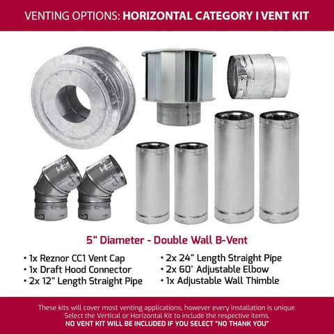 Venting options for Top Shelf Horizontal Natural Gas Garage Heater with double wall B-vent kit components.