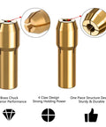 Keyless Drill Chuck and Brass Collet Set for Dremel Rotary Tools showing 4 claw brass collet design for strong holding.