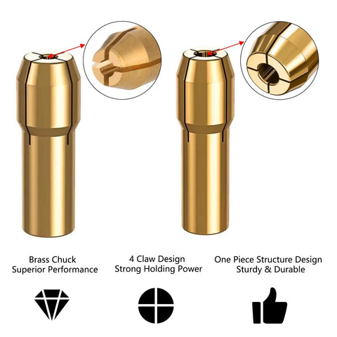 Keyless Drill Chuck and Brass Collet Set for Dremel Rotary Tools showing 4 claw brass collet design for strong holding.