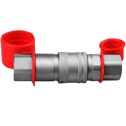 3/8 in flat-face hydraulic quick-connect coupler with red protective caps on both ends; metal body