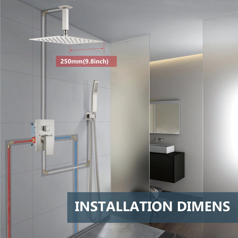 Ceiling Mount Rain Shower System With 10 Inch Shower Head And Handheld Spray High Pressure Faucet Set installation view in bathroom