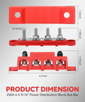 Road Ready 250A DC Power Distribution Bus Bar For Cars And Trucks With Four M8 Studs Ring Terminals And Slick Protective Cover For Marine Rv Wiring Setups dimensions showing size and details.