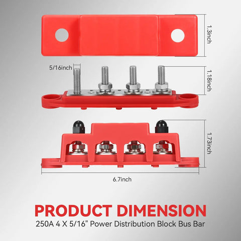 Road Ready 250A DC Power Distribution Bus Bar For Cars And Trucks With Four M8 Studs Ring Terminals And Slick Protective Cover For Marine Rv Wiring Setups dimensions showing size and details.