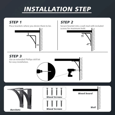 Installation guide for Beefy Steel Shelf Brackets For Heavy Duty DIY Shelving 9x12x4 Inch 1 Quarter Inch Natural Steel Black Hand Welded Mantel And Countertop Support Brackets 2 Pack