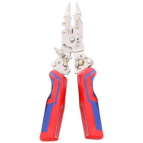 Heavy Duty Portable Wire Stripper With Carbon Steel Blade For Electrical Cables And Phone Accessories, featuring red and blue handles.