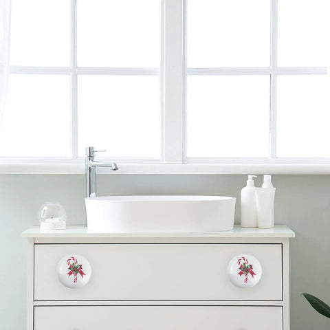 Festive Peppermint Ceramic Knob Covers For Cabinets And Drawers Super Easy Install on white bathroom dresser.
