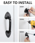 Installation steps for Heavy Duty Steel Barn Door Handles With Real Deal Rustic Matte Black Finish on a cabinet door.