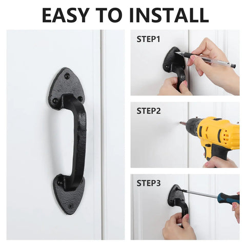 Installation steps for Heavy Duty Steel Barn Door Handles With Real Deal Rustic Matte Black Finish on a cabinet door.