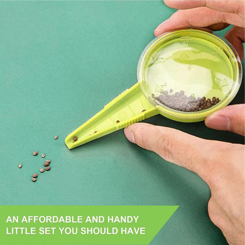 14 Pcs Seed Dispenser Set for Garden Hand Planter and Seeder Tool, showing adjustable seed distribution in use with green container.