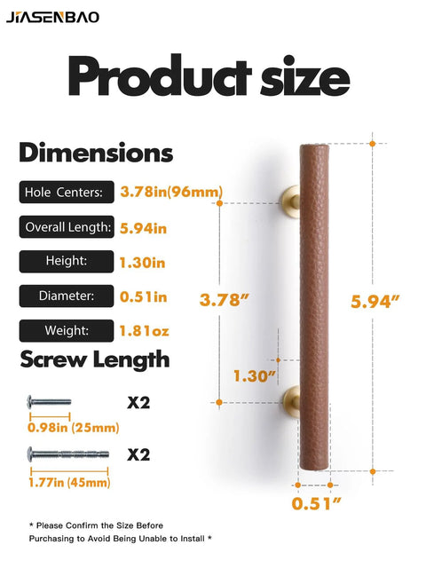 Dimensions of Brown Leather Drawer Pulls 5 Pack, 3.78 Inch Hole Center, Handmade Leather Dresser Knobs with Brass Base, Cabinet Pulls