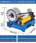 Hose Crimper Kit With 8 Dies Set, Hydraulic Manual Crimping Tool for 6-28mm hoses, blue and yellow unit with measurement details