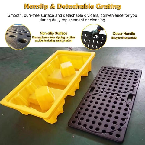 Detachable oil spill containment pallet for two drums low profile stackable grating tray in yellow with non-slip surface