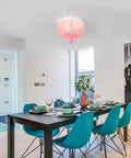 Dining room with Candy Pink Acrylic Beaded Flush Mount Ceiling Light Three Light Chandelier In Rustic White Finish
