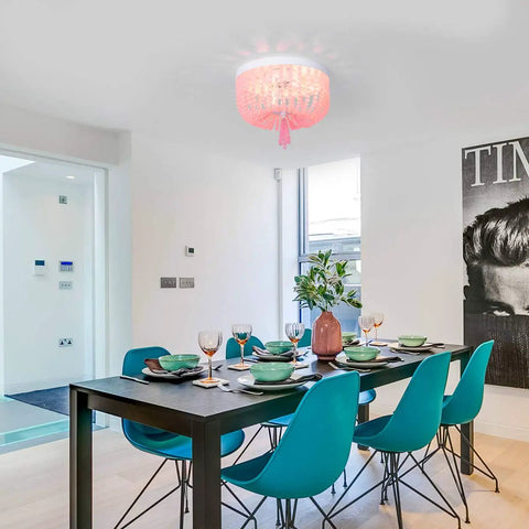 Dining room with Candy Pink Acrylic Beaded Flush Mount Ceiling Light Three Light Chandelier In Rustic White Finish