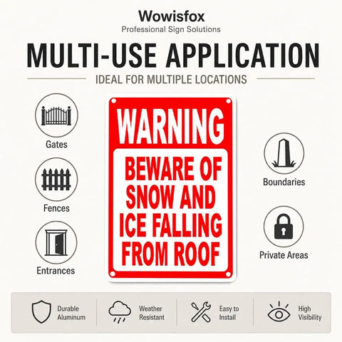 Warning sign reading 'Beware of Snow and Ice Falling from Roof' in red and white with illustrations of application areas.