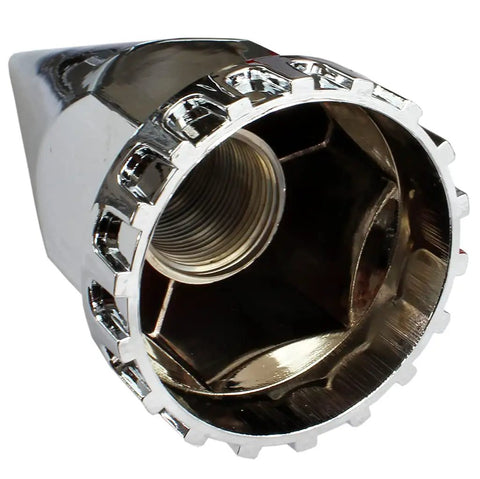 Close-up view of ABS Chrome Front Axle Cover Kit with 33mm Thread-On Nut Covers for Semi Trucks Spiked, showing inner thread