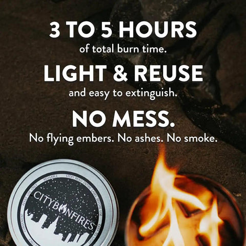 Portable Mini Tabletop Fire Pit 2 Pack No Wood No Embers 3 To 5 Hour Burn Time with container and flame detail