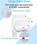 Hinge-style door of Compact 7.0 Cubic Foot Chest Freezer With Top Lid And White Finish showing recessed handle and premium hinges.