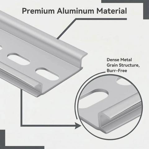Close-up of heavy duty 16 inch aluminum DIN rail 35mm wide slotted top hat mounts, illustrating premium material.
