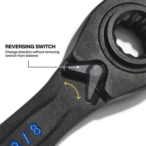 Close-up of 4 In 1 Reversible Ratchet Wrench With Box Wrench, SAE Sizes 1/4, 5/16, 3/8, 7/16 Inch, 90 Tooth Ratchet showing reversing switch.