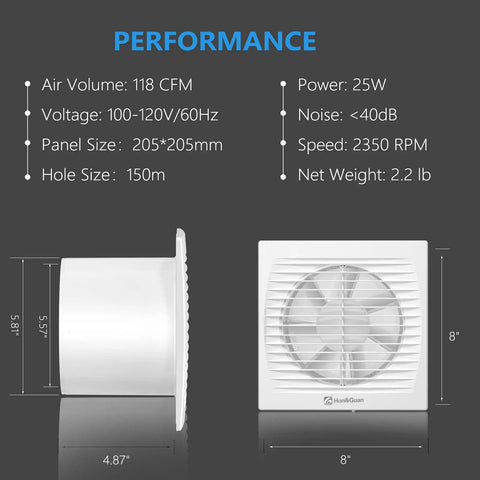 6 Inch Wall Exhaust Fan For Bathroom And Kitchen Ventilation, 116 CFM, Ultra Quiet Through-Wall Exhaust With Check Valve, diagram view
