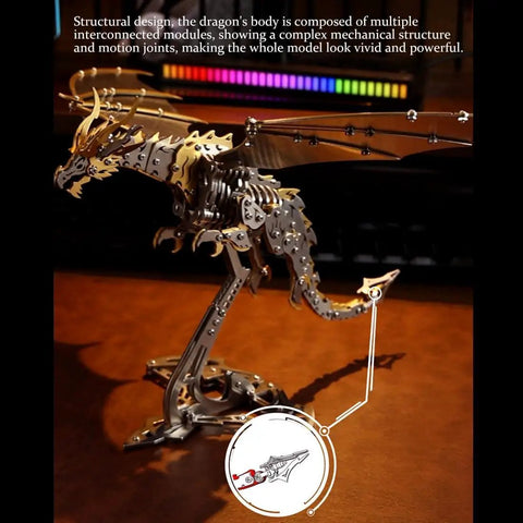 Pterosaur 3D Metal Puzzle Kit With 373 Piece Stainless Steel Mechanical Dragon For Adults Biomechanical Model STEM Build Gold Finish Collectible Gift For Builders on stand