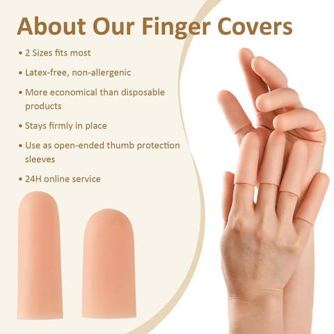 Hands wearing Gel Finger Protectors For Dry Skin And Cracked Fingertips Silicone Finger Cots For Easy On And Off Thumb And Finger Bandages