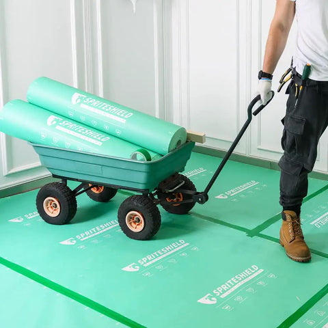 Top Notch Temporary Floor Protection Roll For Construction And Home Reno Green Non Adhesive Surface Shield Film for easy transport in a cart.