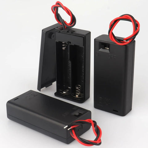 3 Pack Slick Dual AA Battery Case With Built In Toggle Switch And Hookup Wire Leads For Plug And Play Power Setup with red and black wires.