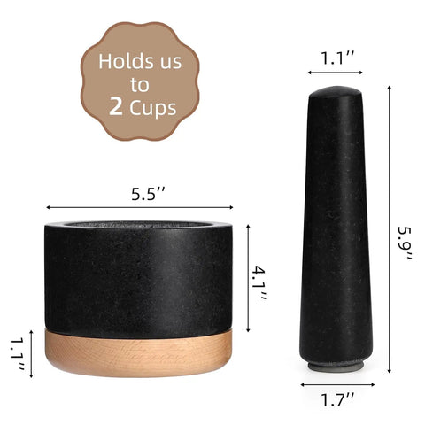 Durable Granite Mortar And Pestle Set With Wood Base For Grindin Herbs And Spices, Perfect For Guac And Salsa, Pepper And Nuts, Heavy Duty Stone Crusher For Home Kitchen Use, dimensions labeled.